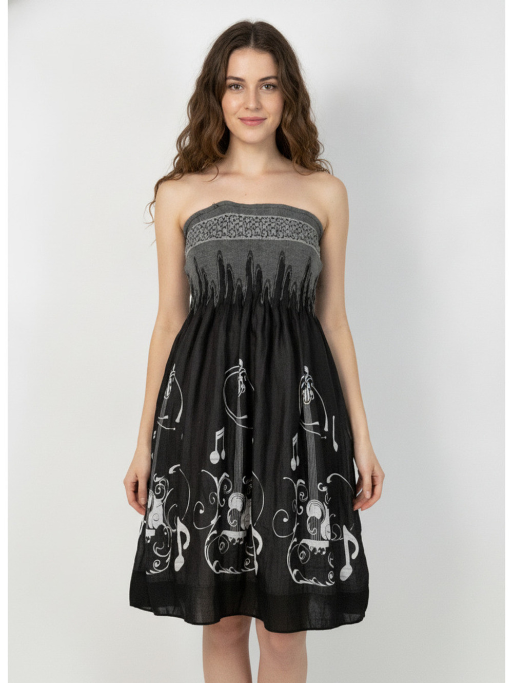 Lapis Vintage Black Strapless Dress Guitar/Music Note Adjustable Hemline OS